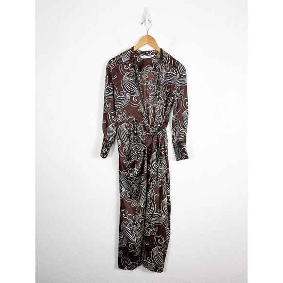 Zara Printed Wrap Midi Dress Size XS Brown Floral Satin Long Sleeve 9445/853/700 - Picture 3 of 14